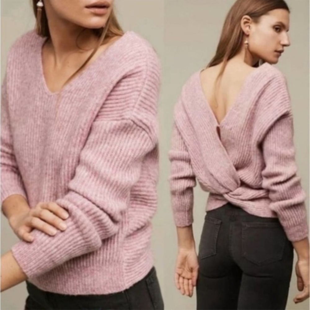 Anthropologie Angel of the North Pink Wool Blend Twist Back Ribbed Sweater